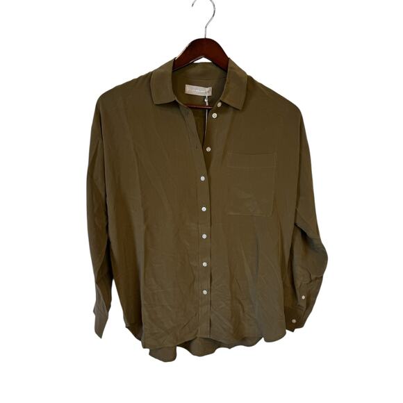EVERLANE NWT Button Down 100% Silk Oversized Longsleeve Shirt Olive Green Size 0 - Picture 2 of 9